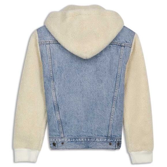 Levi’s Ex-Boyfriend Sherpa Trucker Jacket Light Wash Denim Fleece Hood Womens XS - Picture 4 of 10